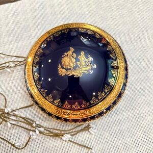 Limoges Cobalt Blue Porcelain Round Trinket Box Courting Scene 24k gold trim Vtg